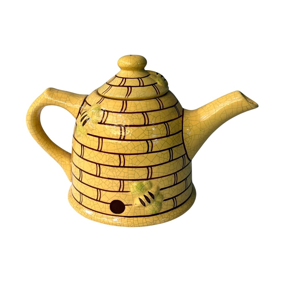 Vintage Beehive Skep Ceramic Teapot Yellow Crackle Glaze with Honeybee Accents